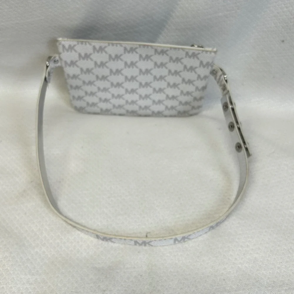 Michael Kors White Monogram Belt Bag Silver Chain Waist Pouch Small 554131 S